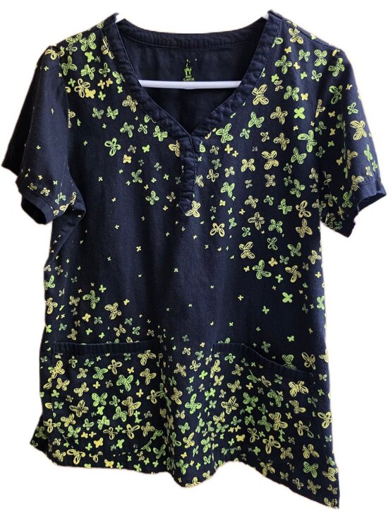 Peaches Other - Peaches Uniforms ViVi Butterfly Scrub Top Womens XL Black Neon Green V-Neck